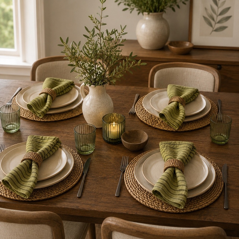 Tag Green Striped Cotton Cloth Napkins Set of 4 Farmhouse Boho Table‎ Linens